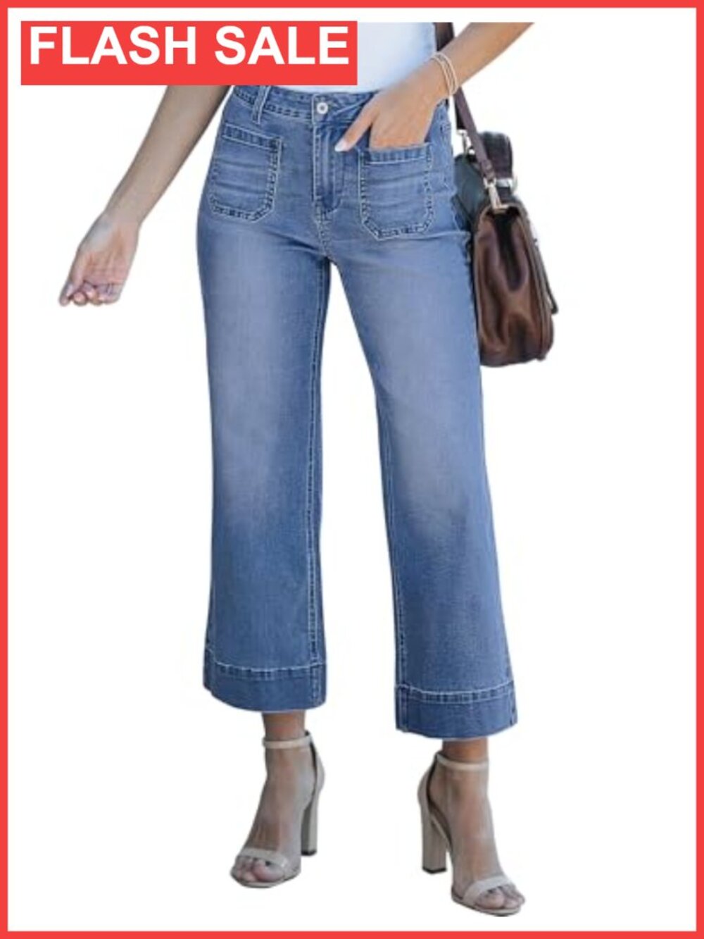 High Waisted Wide Leg Cropped Stretch Denim Jeans Flare Pants
